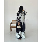 Elariah Retro Printed Pleated Abaya Coat – Belted Chiffon Maxi Modest Windbreaker Jacket for Women (One Size)