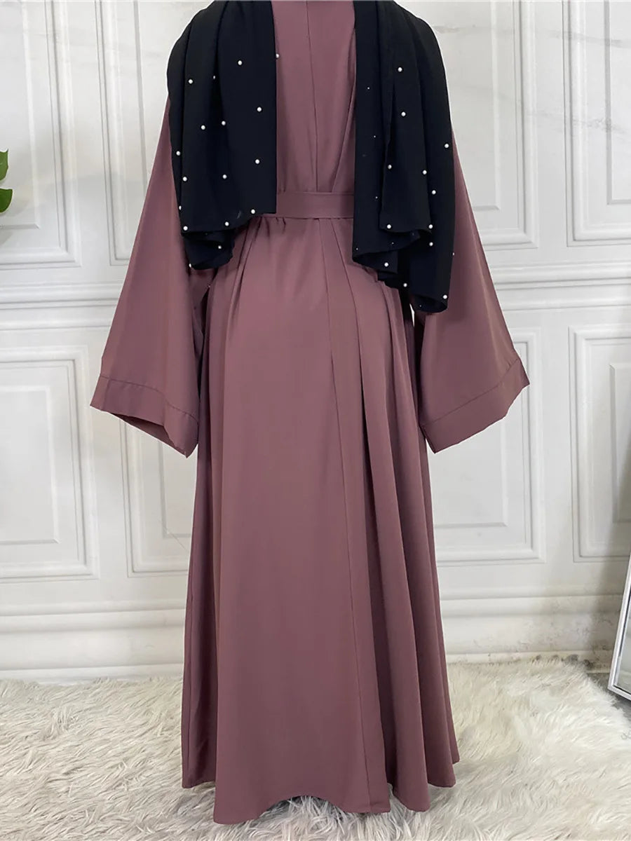 Elegant Modest Maxi Dress with Waist Tie – Long Sleeve Woven Abaya Style Dress for Women (All Season)
