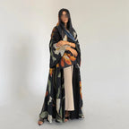 Elariah Women's Floral Print Open Front Abaya with Matching Hijab Scarf – Modest Maxi Cardigan Kaftan, Black Polyester