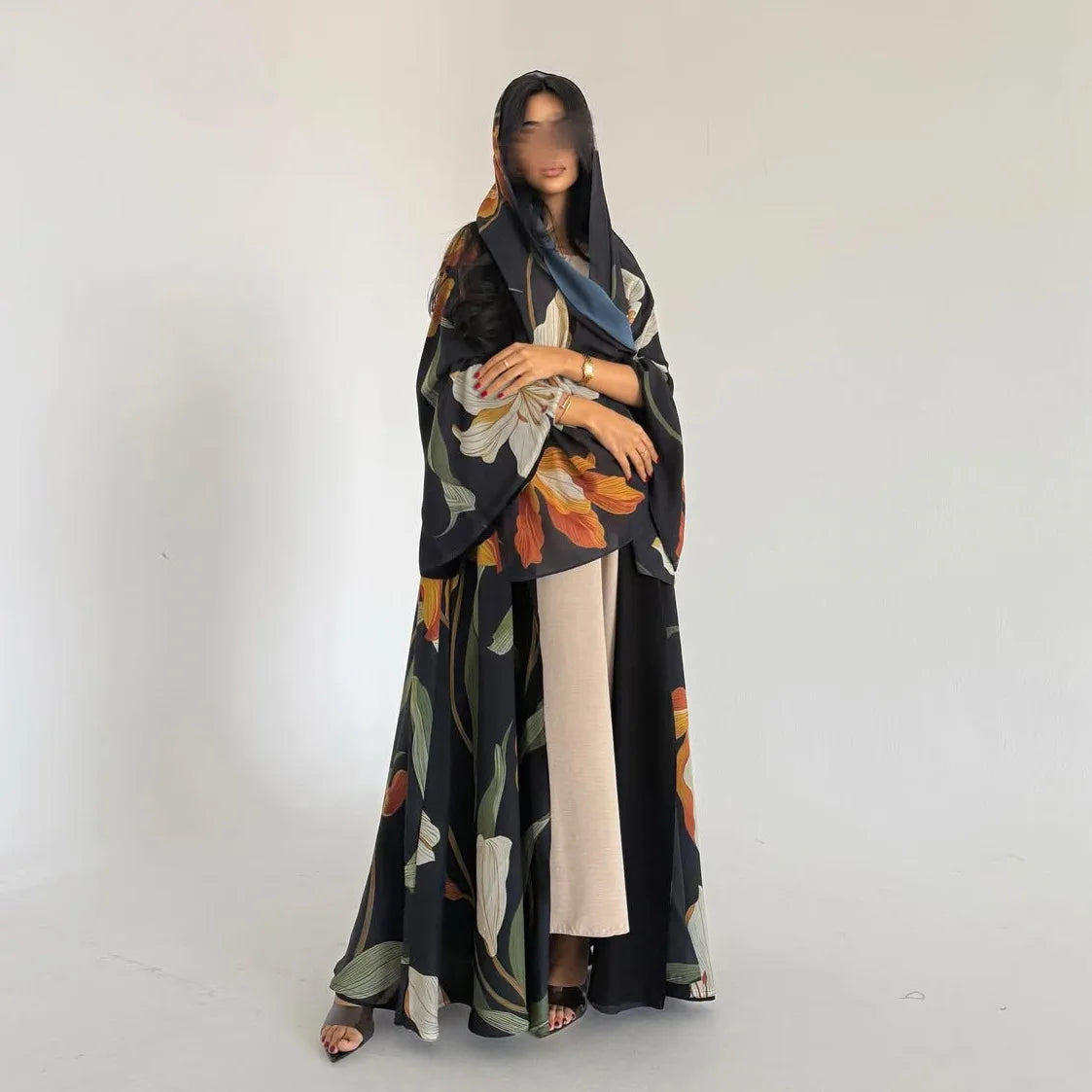 Elariah Women's Floral Print Open Front Abaya with Matching Hijab Scarf – Modest Maxi Cardigan Kaftan, Black Polyester