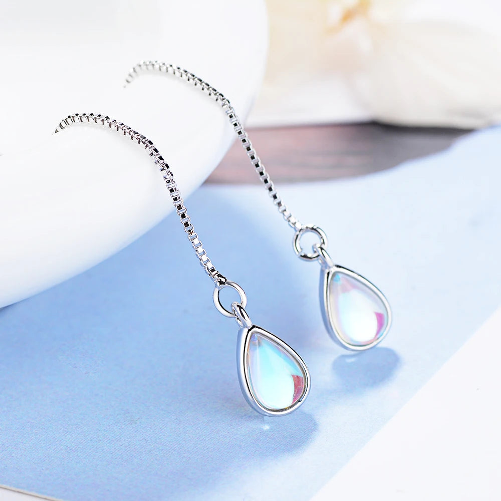 Elegant Teardrop Moonstone Threader Earrings – Long Chain Dangle Style for Women