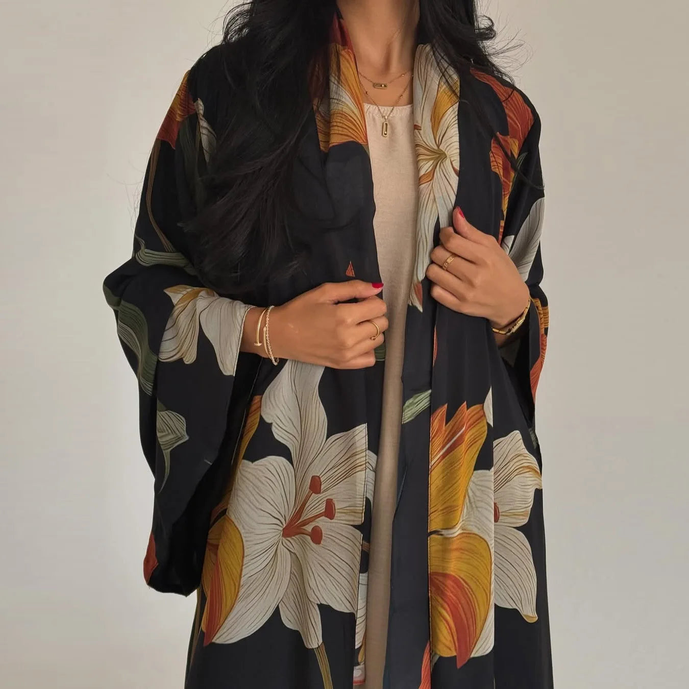 Elariah Women's Floral Print Open Front Abaya with Matching Hijab Scarf – Modest Maxi Cardigan Kaftan, Black Polyester