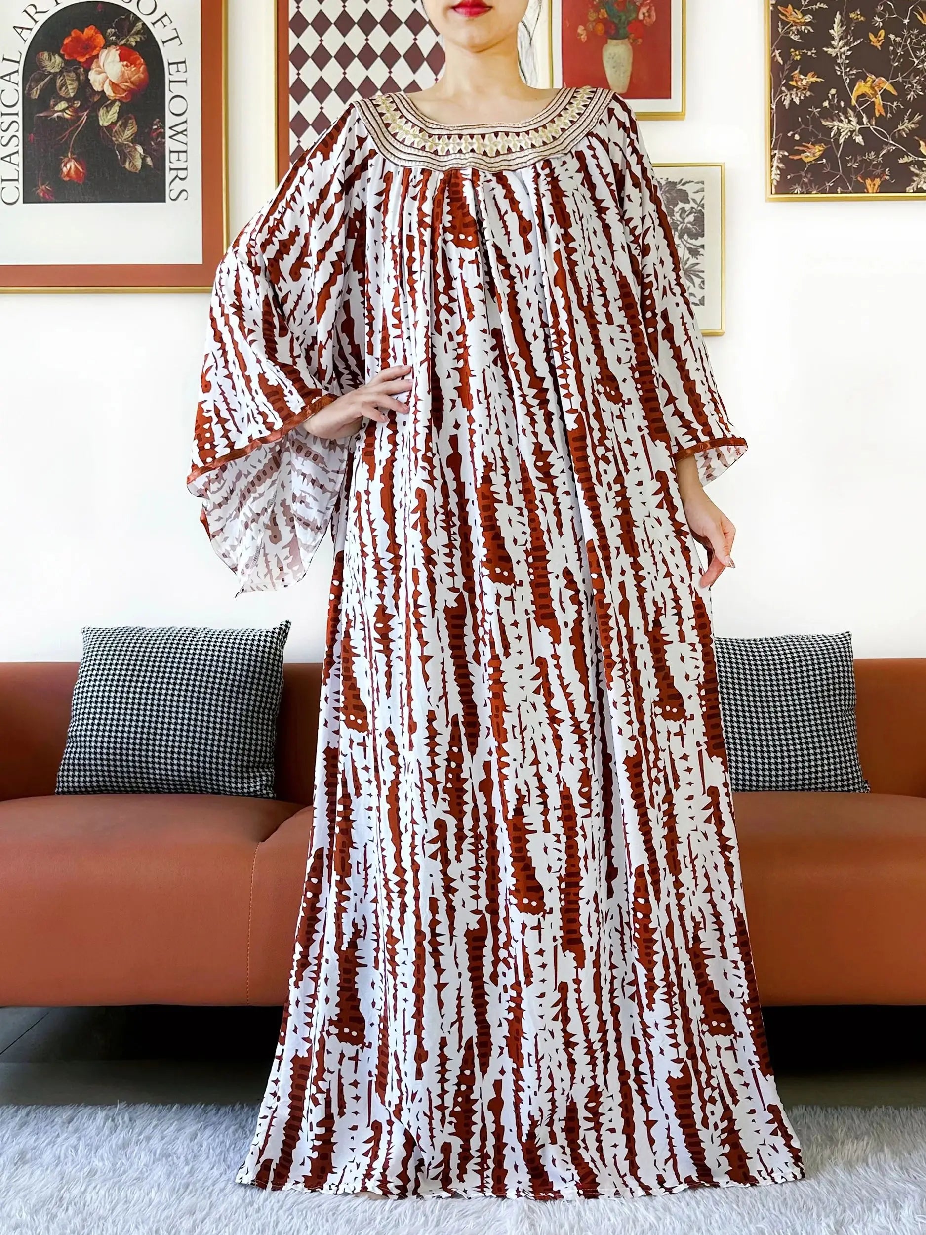 Embroidered Cotton Abaya Dress – Loose Boho Maxi Kaftan with Tassel Detail (One Size, 6 Colours)