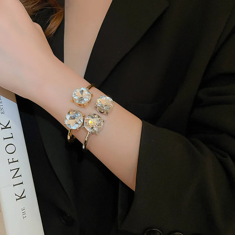 Gold Plated Zircon Round Open Cuff Bracelet for Women – Statement Rhinestone Bangle, Adjustable Party & Wedding Jewelry
