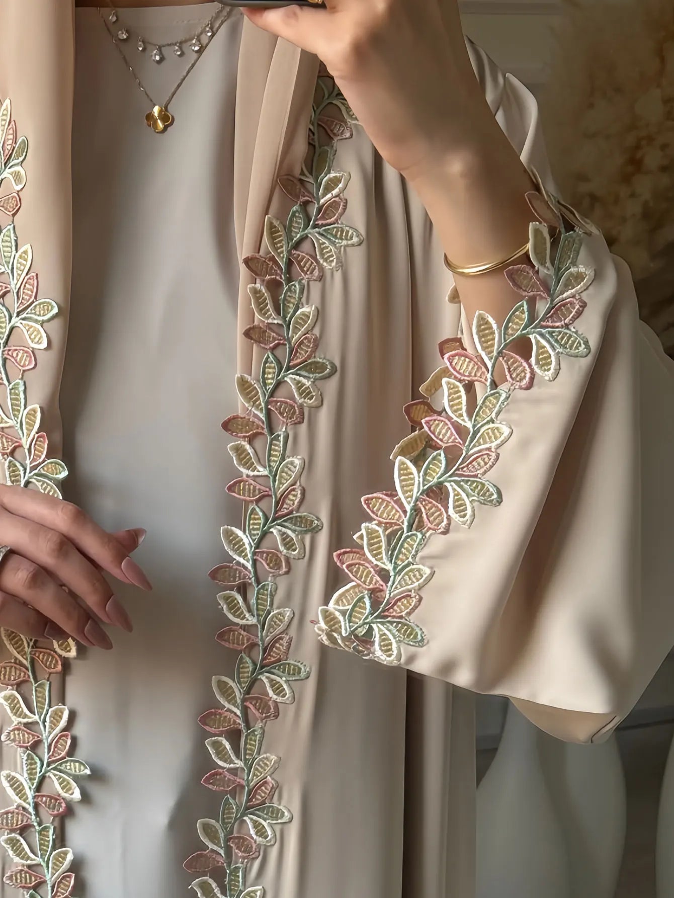Elegant Beige Embroidered Abaya for Women – Dubai Style Modest Open Front Maxi Dress with Multicolour Detailing (All-Season)