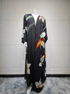 Elariah Women's Floral Print Open Front Abaya with Matching Hijab Scarf – Modest Maxi Cardigan Kaftan, Black Polyester