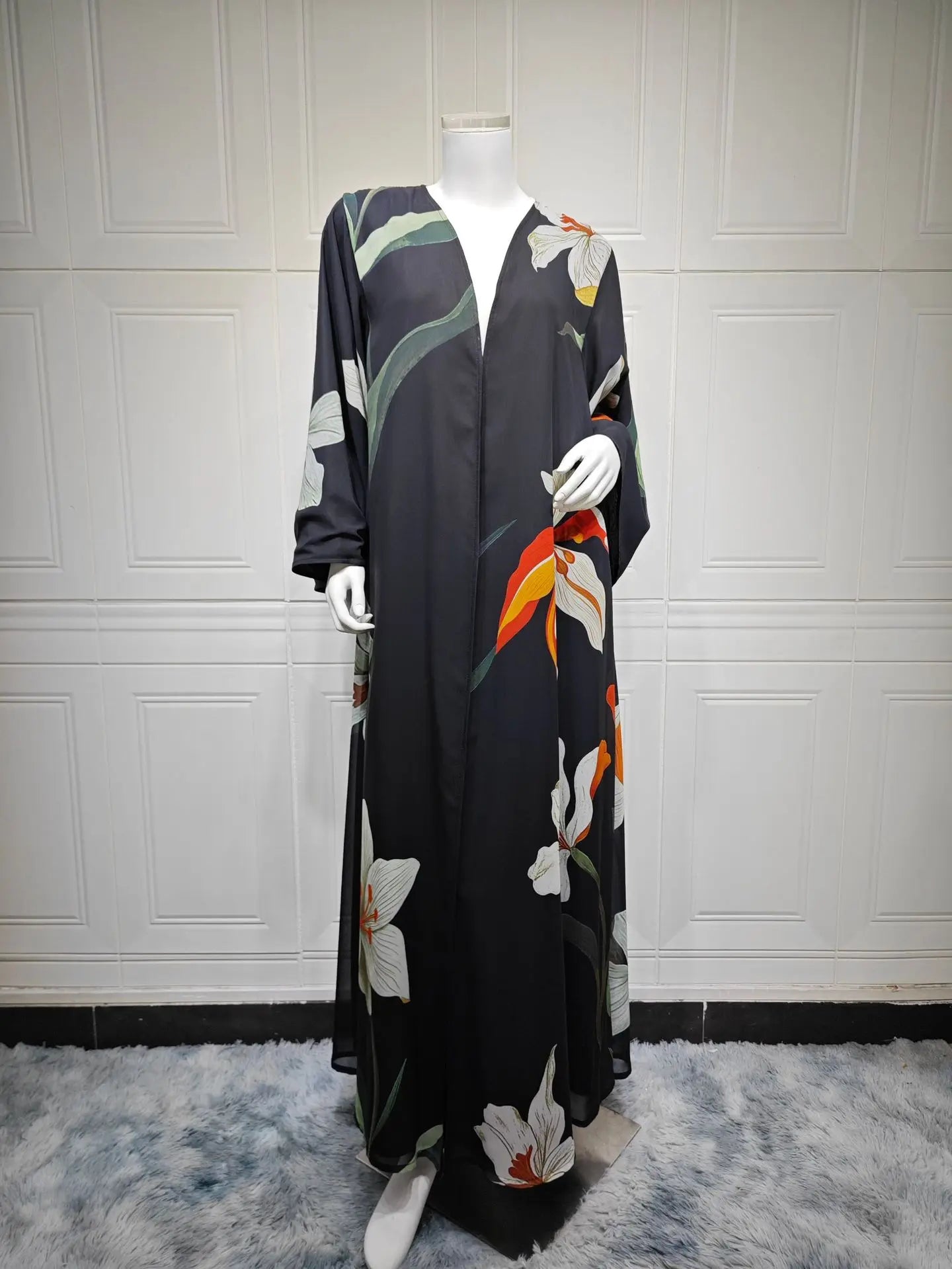 Elariah Women's Floral Print Open Front Abaya with Matching Hijab Scarf – Modest Maxi Cardigan Kaftan, Black Polyester