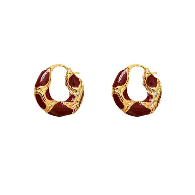 Vintage Enamel Small Hoop Earrings – Gold Plated Textured Statement Hoops for Women