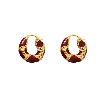 Vintage Enamel Small Hoop Earrings – Gold Plated Textured Statement Hoops for Women