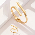 Geometric Open Bracelet & Ring Set for Women – Minimalist Stainless Steel Cuff Bangle and Adjustable Ring Jewelry Set