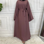 Elegant Modest Maxi Dress with Waist Tie – Long Sleeve Woven Abaya Style Dress for Women (All Season)