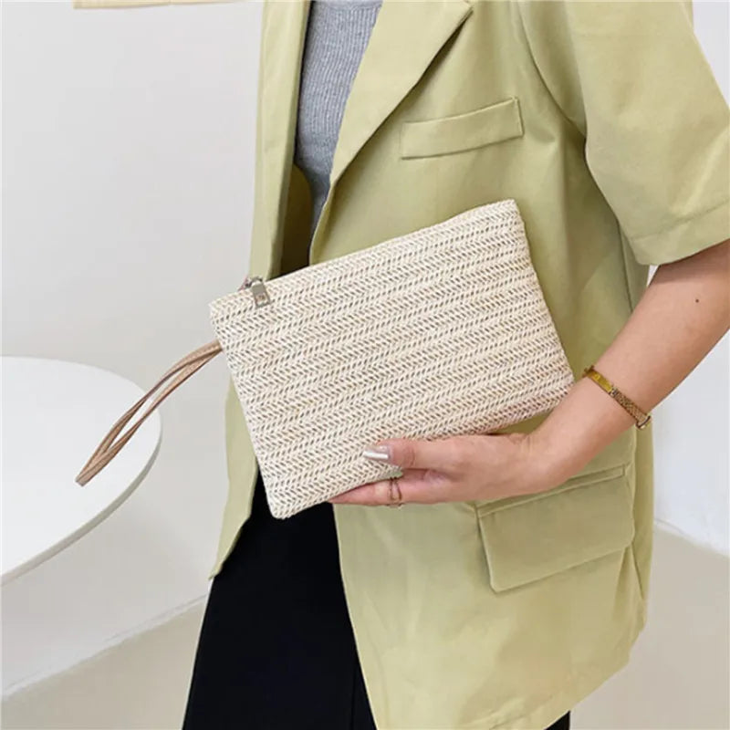 Elariah Woven Straw Wristlet Clutch Bag – Bohemian Summer Beach Handbag with Zipper (White, Khaki, Beige)