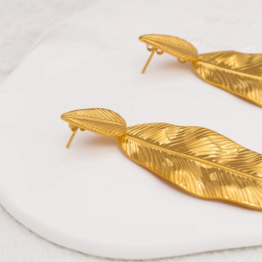 Elegant Leaf Drop Earrings for Women – 18K Gold Plated Stainless Steel, Hypoallergenic