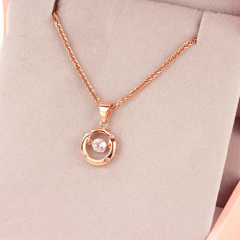 14K Rose Gold Round Crystal Pendant Necklace – Classic Zircon Clavicle Chain for Women