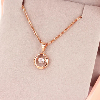 14K Rose Gold Round Crystal Pendant Necklace – Classic Zircon Clavicle Chain for Women
