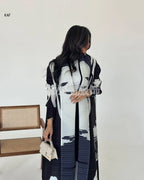 Elariah Retro Printed Pleated Abaya Coat – Belted Chiffon Maxi Modest Windbreaker Jacket for Women (One Size)