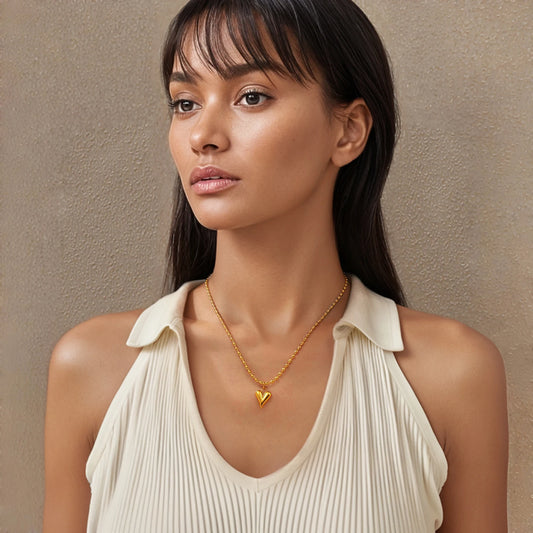 18K Gold Plated Heart Pendant Necklace – Stainless Steel Bead Chain, Dainty Romantic Jewelry for Women