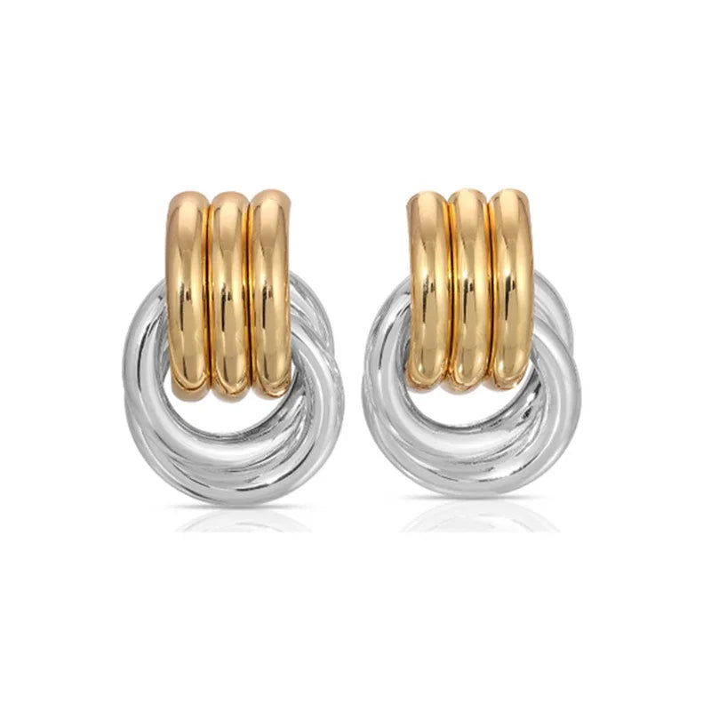 18K Gold Plated Stainless Steel Multilayer Circle Knot Drop Earrings for Women – Textured Statement Round Earrings