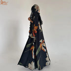 Elariah Women's Floral Print Open Front Abaya with Matching Hijab Scarf – Modest Maxi Cardigan Kaftan, Black Polyester