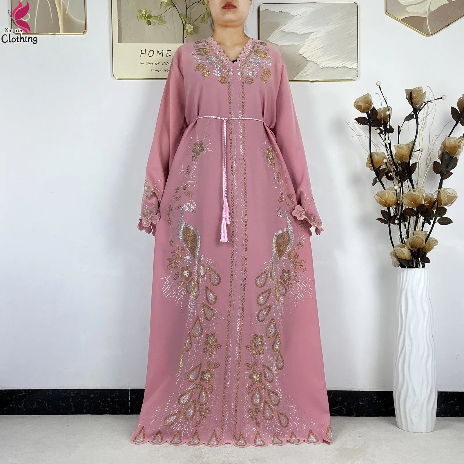 Elariah Diamond Chiffon Modest Abaya Dress – Elegant Long Sleeve Islamic Maxi Robe