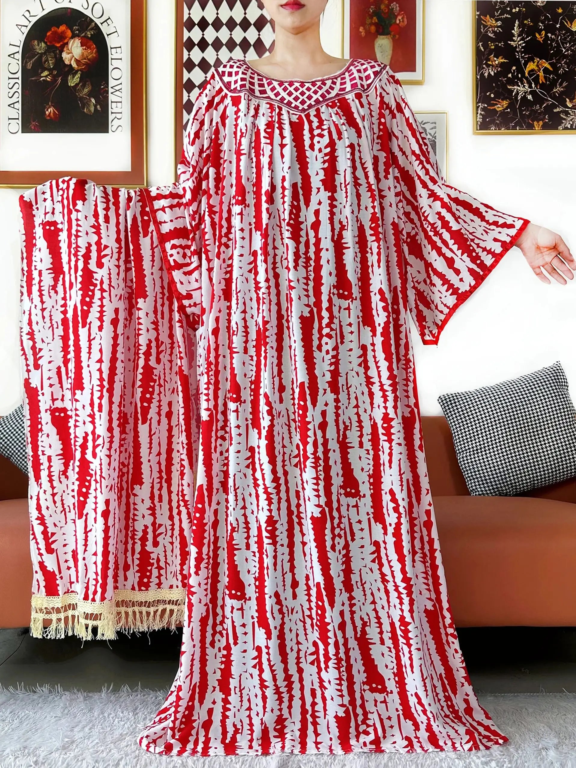 Embroidered Cotton Abaya Dress – Loose Boho Maxi Kaftan with Tassel Detail (One Size, 6 Colours)