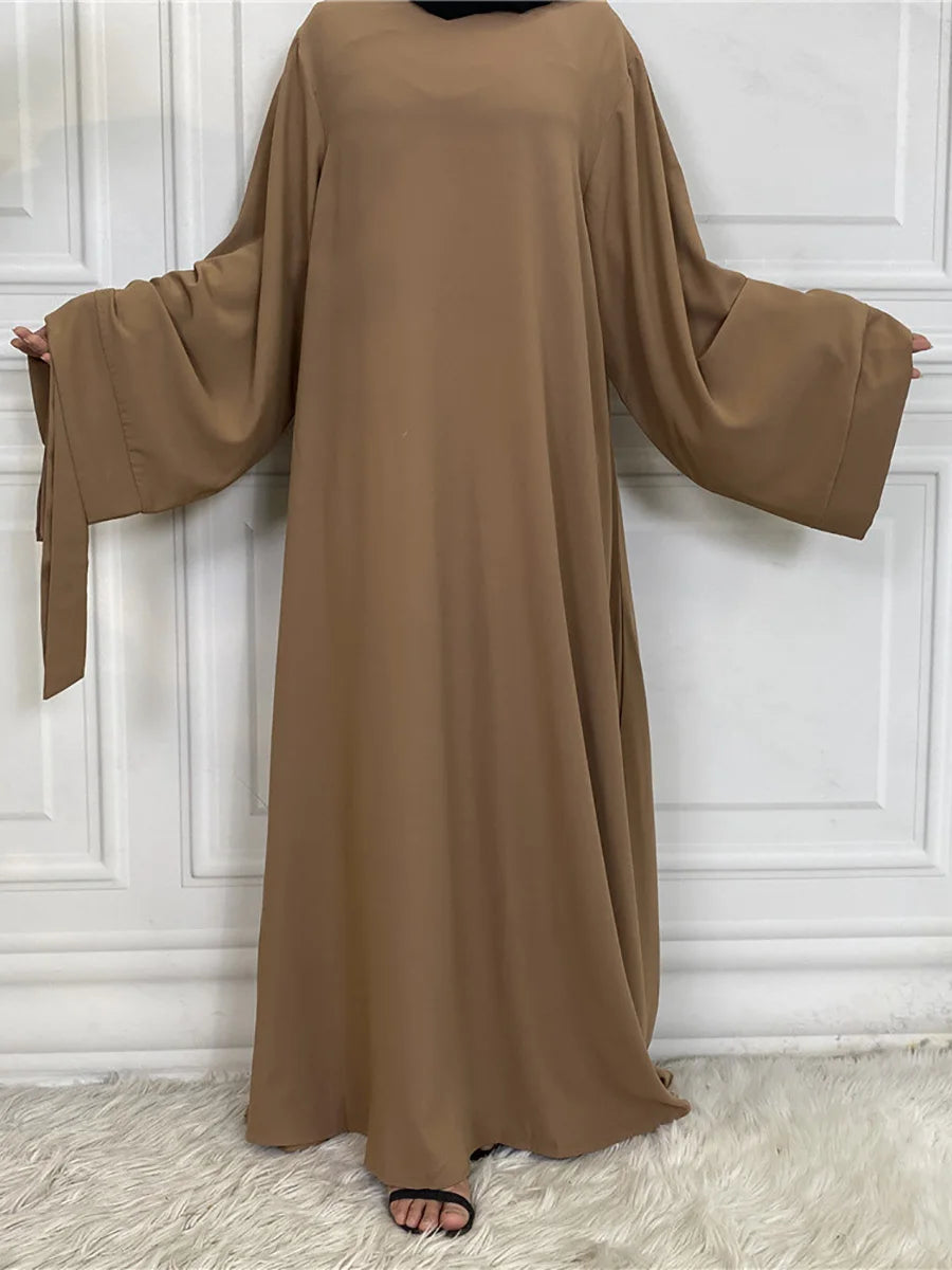Elegant Modest Maxi Dress with Waist Tie – Long Sleeve Woven Abaya Style Dress for Women (All Season)