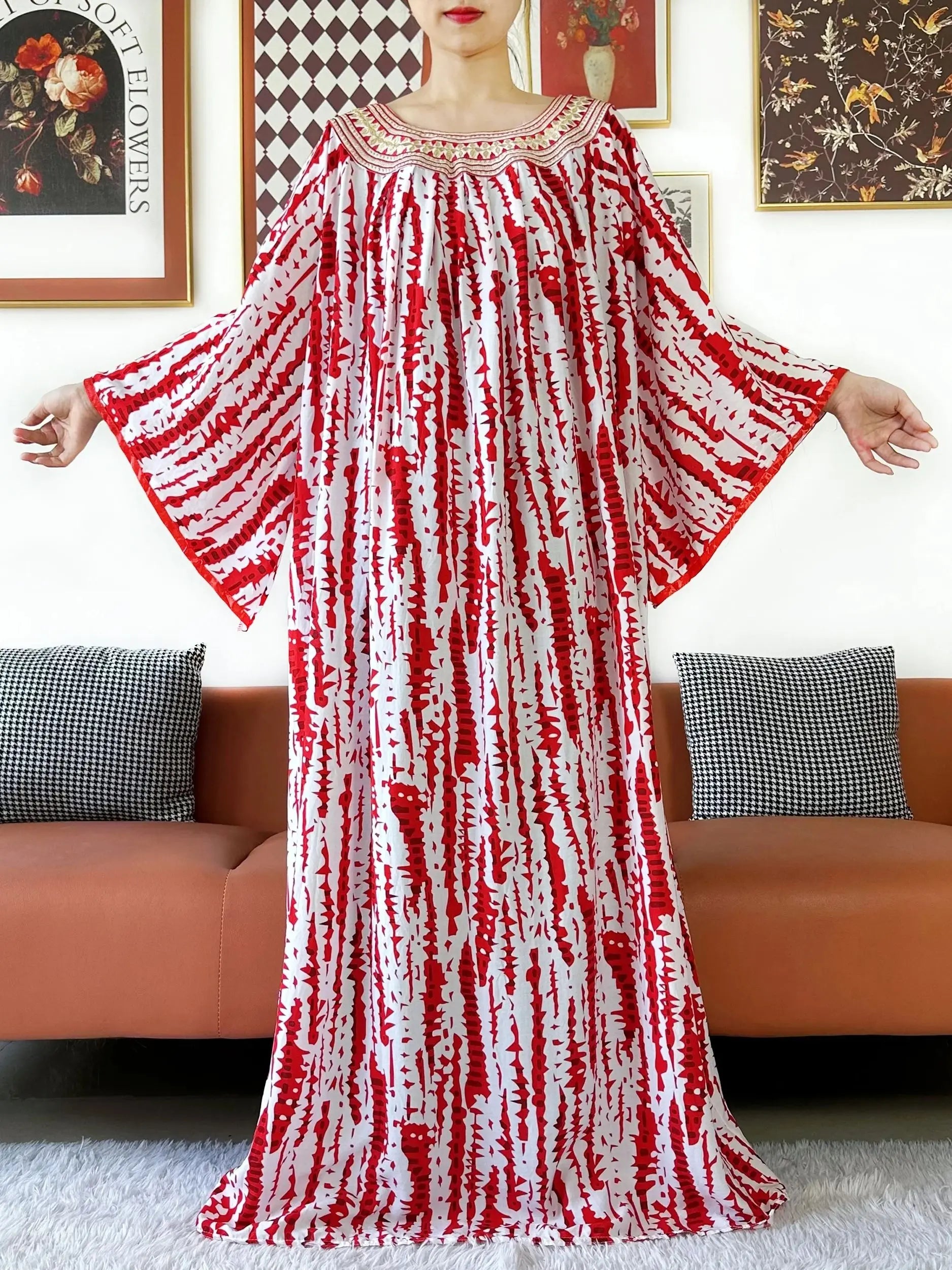 Embroidered Cotton Abaya Dress – Loose Boho Maxi Kaftan with Tassel Detail (One Size, 6 Colours)
