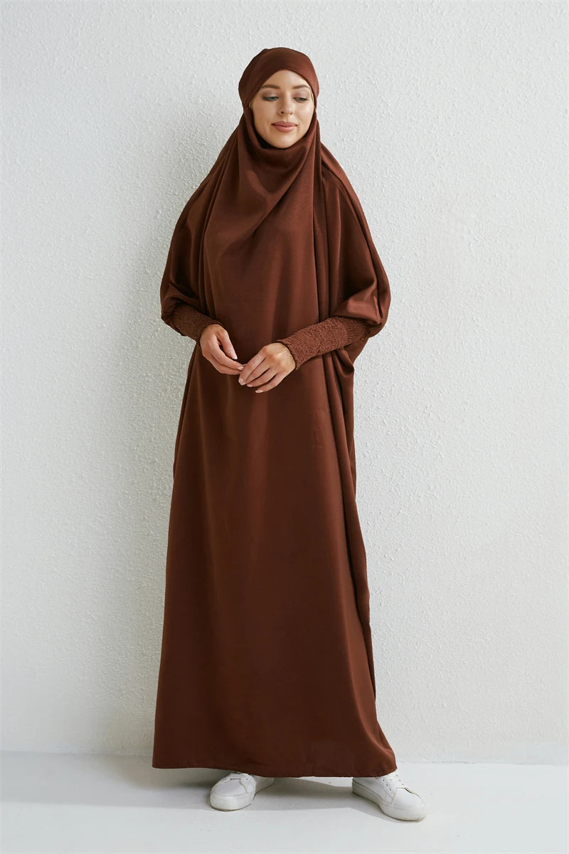Elariah Hooded Modest Abaya Dress – Loose Fit One-Piece Jilbab with Smocked Sleeves (Black)