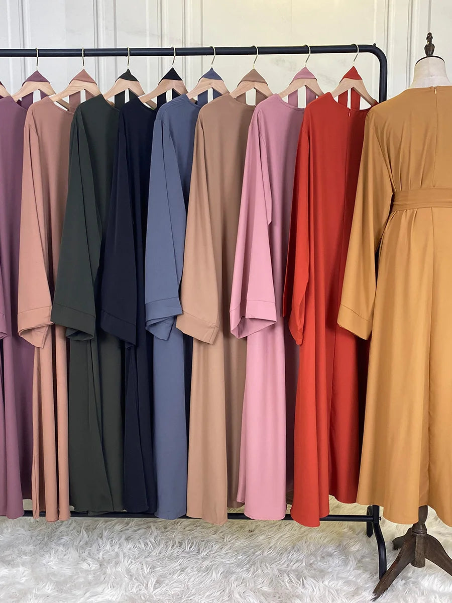 Elegant Modest Maxi Dress with Waist Tie – Long Sleeve Woven Abaya Style Dress for Women (All Season)