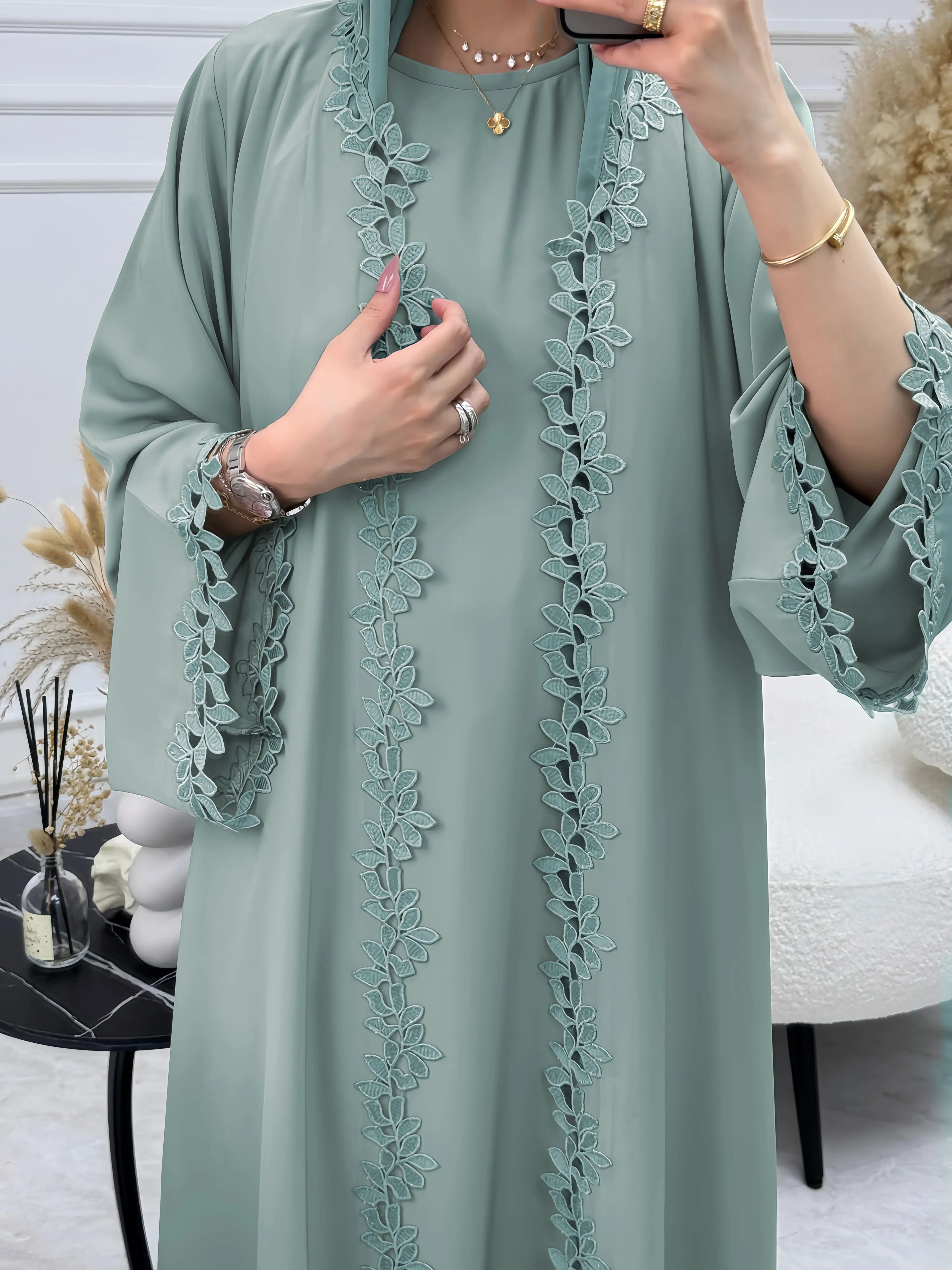 Elegant Beige Embroidered Abaya for Women – Dubai Style Modest Open Front Maxi Dress with Multicolour Detailing (All-Season)