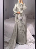 Robe maxi caftan soyeuse et modeste Elariah pour femmes – Abaya musulmane à manches longues, Jalabiya, tenue décontractée et de soirée