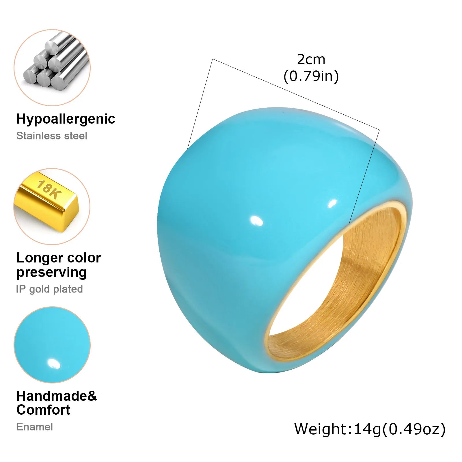 Chunky Enamel Twist Ring for Women – Gold Plated Stainless Steel Open Crossover Statement Ring, Waterproof Stackable Band (Blue/Green/Pink)