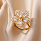 Luxury Gold-Plated Heart Ring with Colorful Zircon Stones – Adjustable Stainless Steel Cocktail Ring for Women