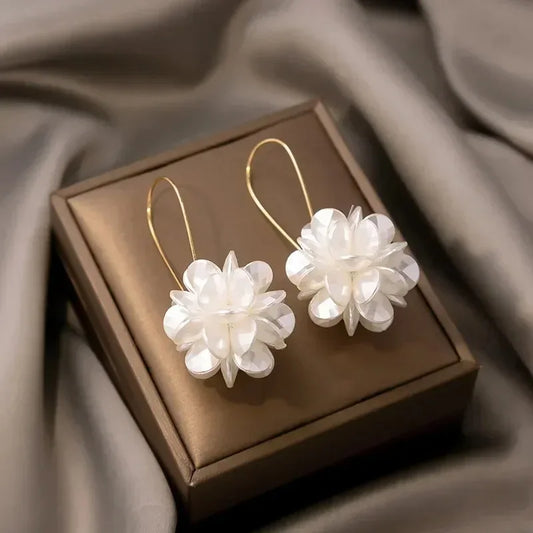 Pearl Petal Ball Drop Earrings – Long Geometric Flower Earrings for Women