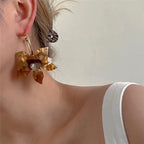 Trendy White & Brown Resin Flower Hoop Earrings – Statement Gardenia Design