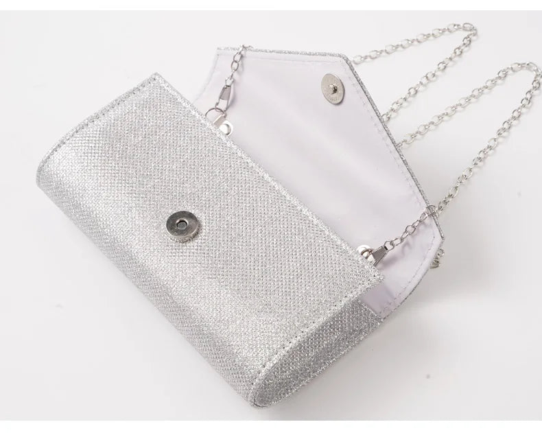 Elariah Shimmer Envelope Clutch Bag – Silver Glitter Evening Handbag with Chain Strap for Weddings & Party Wear