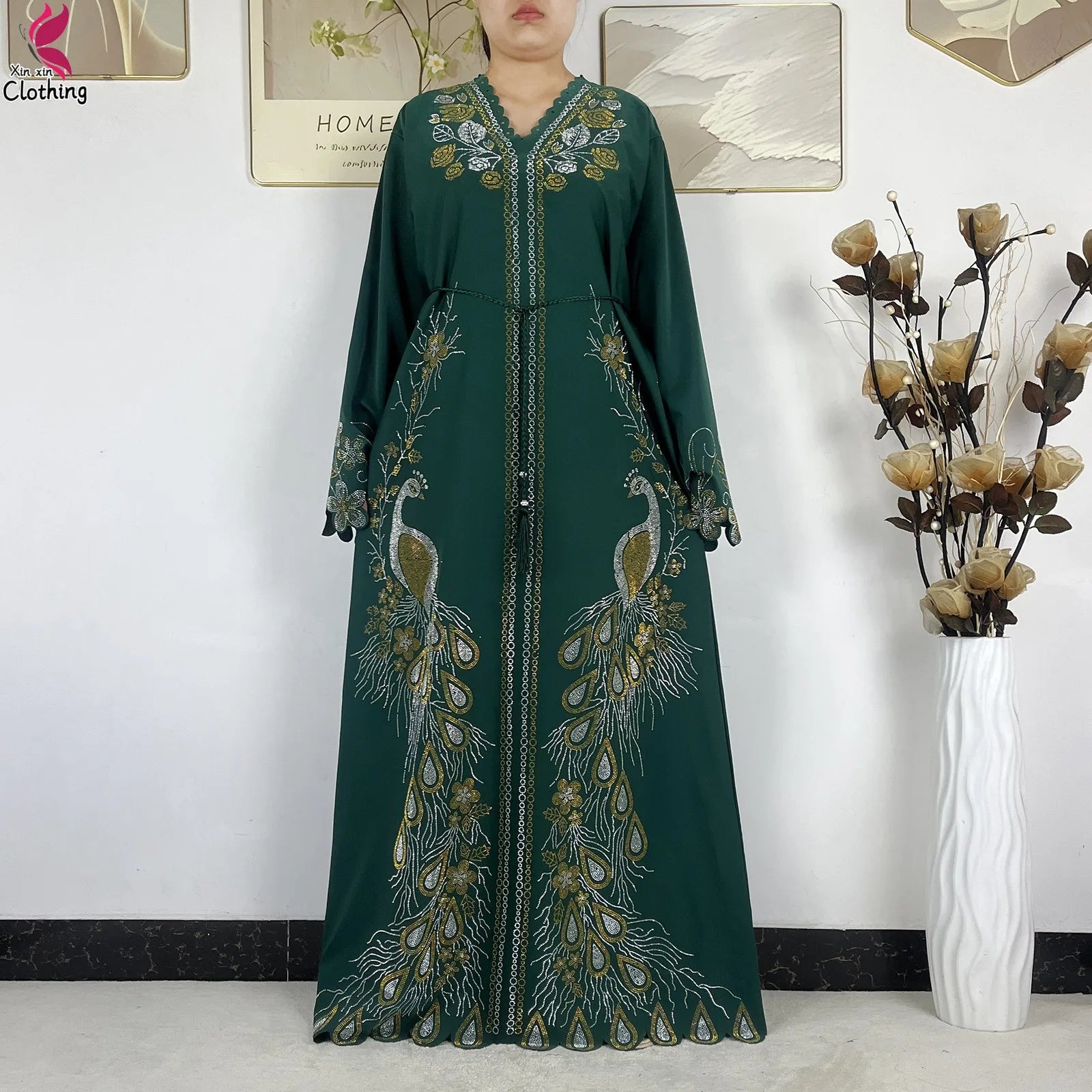 Elariah Diamond Chiffon Modest Abaya Dress – Elegant Long Sleeve Islamic Maxi Robe