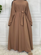 Elegant Modest Maxi Dress with Waist Tie – Long Sleeve Woven Abaya Style Dress for Women (All Season)