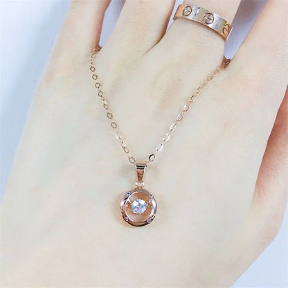 14K Rose Gold Round Crystal Pendant Necklace – Classic Zircon Clavicle Chain for Women