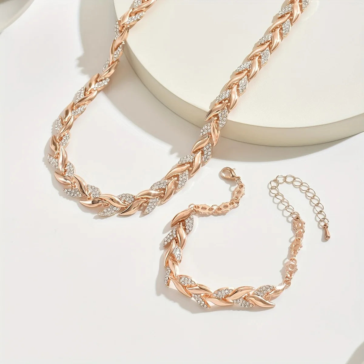 Elariah Rose Gold Plated Twisted Necklace & Bracelet Jewelry Set with Crystal Glass Accents – Elegant Party Gift for Women