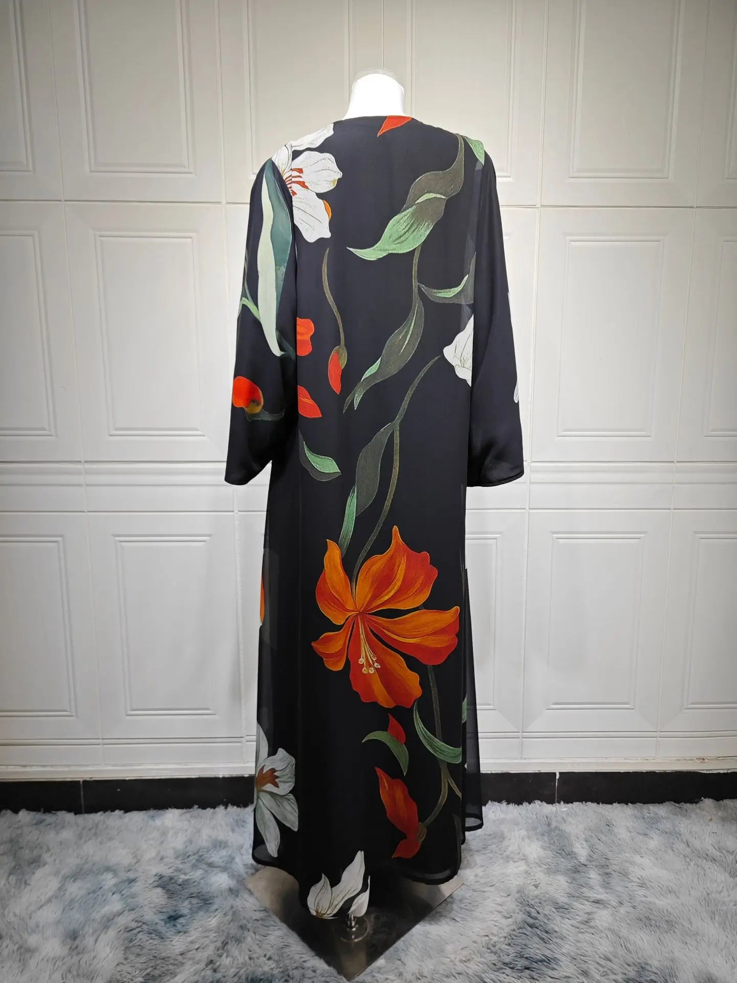 Elariah Women's Floral Print Open Front Abaya with Matching Hijab Scarf – Modest Maxi Cardigan Kaftan, Black Polyester
