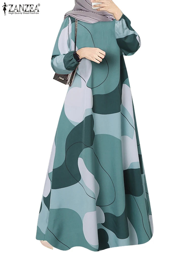 Robe Kaftan Longue Imprimée Femme Elariah – Coupe Ample Manches Longues Col Rond Abaya Modeste Coupe Trapèze
