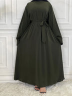 Elegant Modest Maxi Dress with Waist Tie – Long Sleeve Woven Abaya Style Dress for Women (All Season)