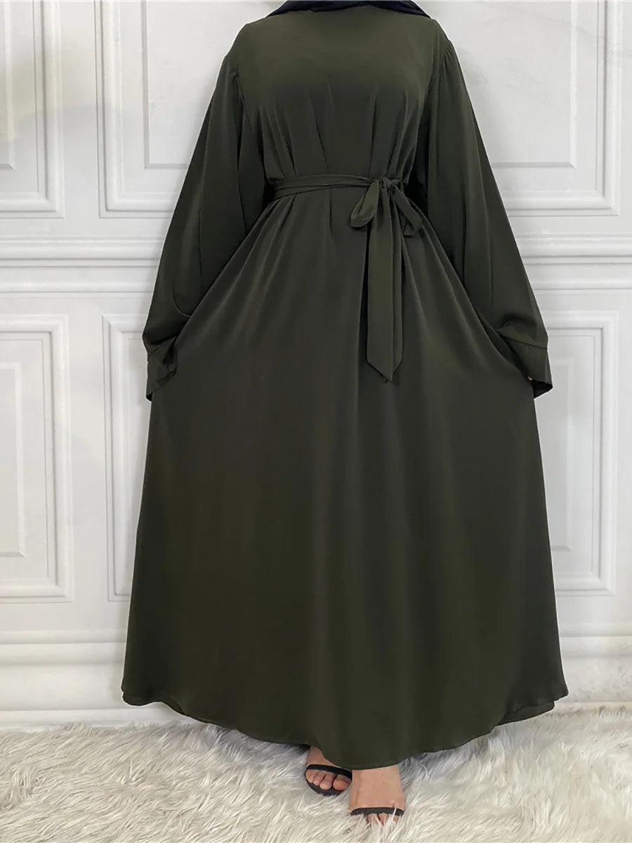 Elegant Modest Maxi Dress with Waist Tie – Long Sleeve Woven Abaya Style Dress for Women (All Season)