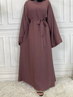 Elegant Modest Maxi Dress with Waist Tie – Long Sleeve Woven Abaya Style Dress for Women (All Season)