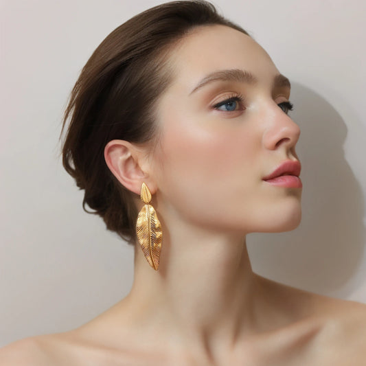 Elegant Leaf Drop Earrings for Women – 18K Gold Plated Stainless Steel, Hypoallergenic