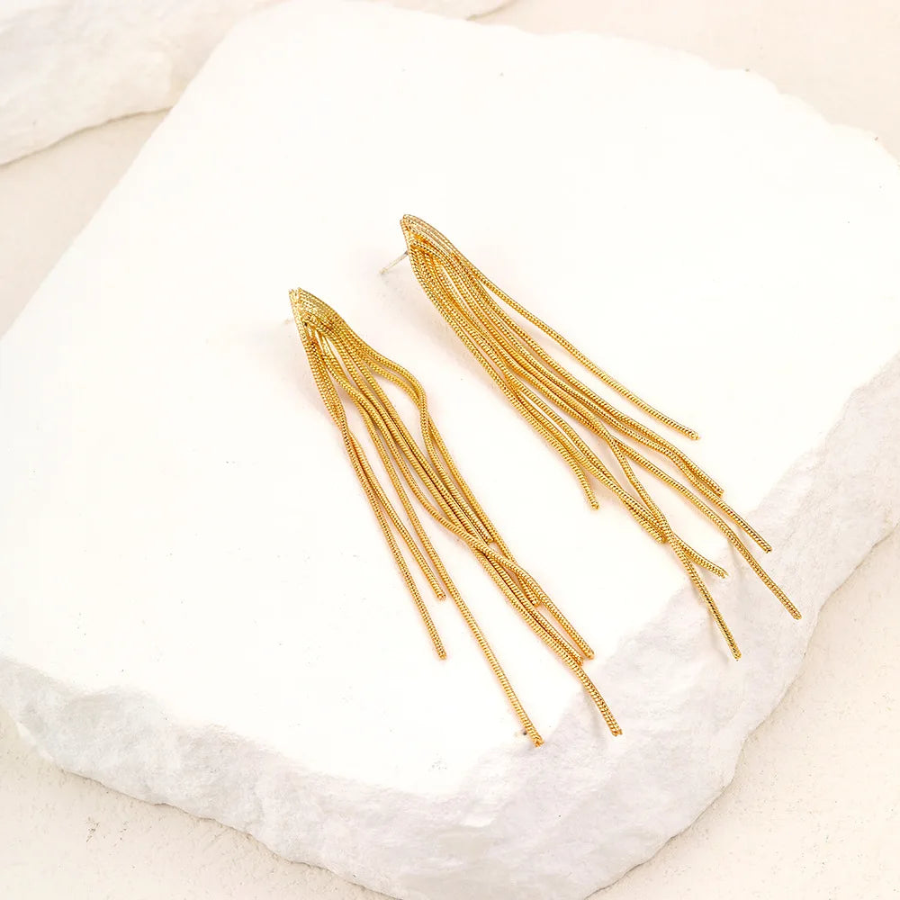 Gold Bling Tassel Statement Earrings – Elegant Long Drop Design for Women