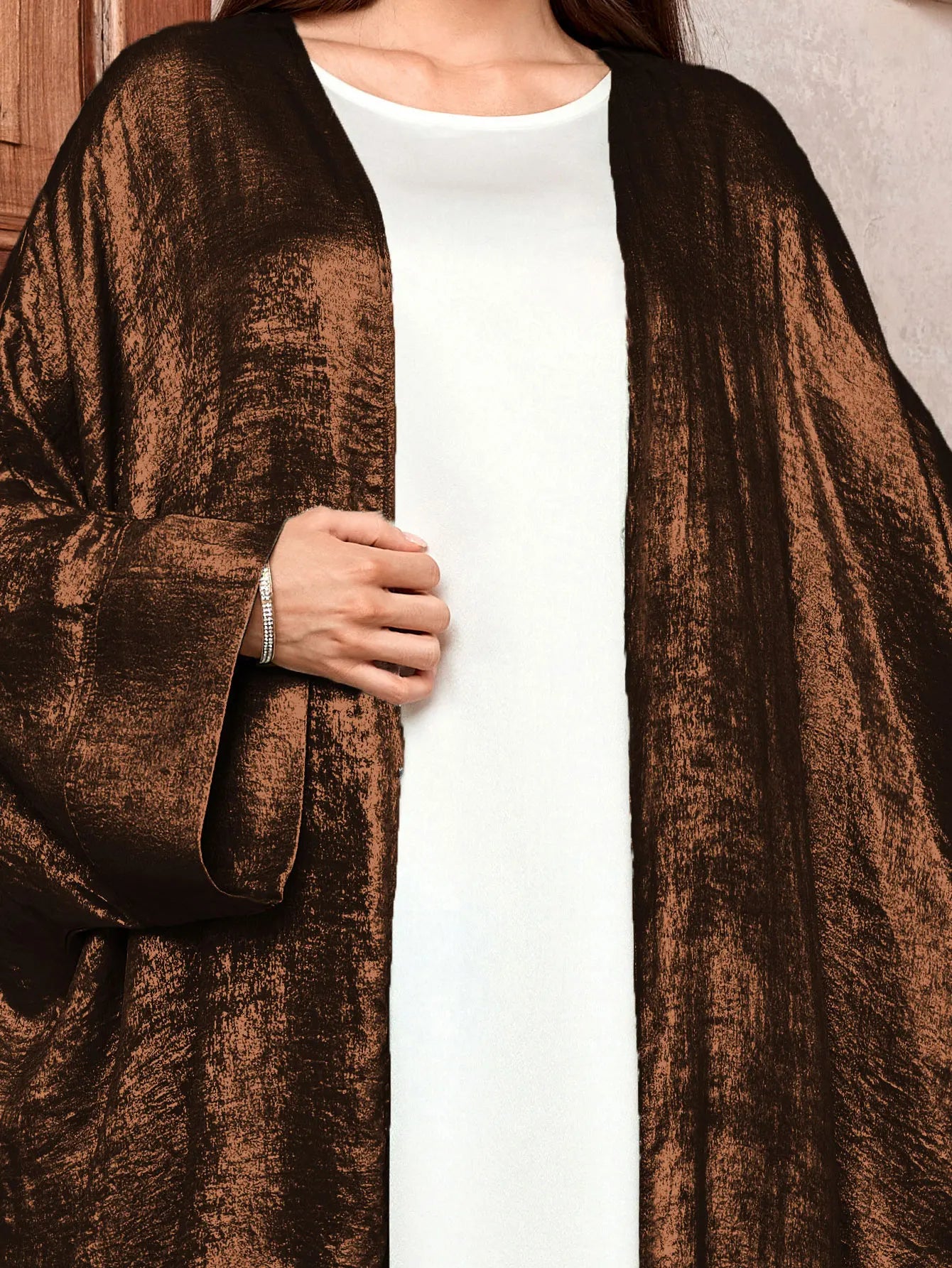 Luxury Satin Batwing Abaya Kimono – Shiny Open Front Maxi Kaftan for Ramadan, Eid & Evening Wear