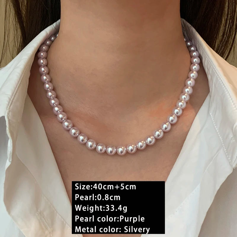 Rose Purple Simulated Pearl Beaded Necklace – Elegant Gold Plated Clavicle Chain for Women