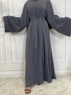 Elegant Modest Maxi Dress with Waist Tie – Long Sleeve Woven Abaya Style Dress for Women (All Season)
